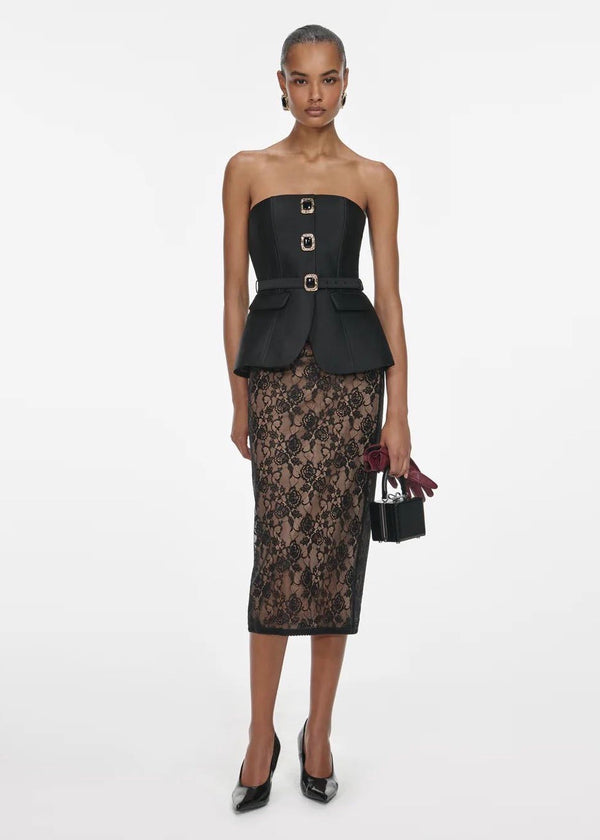 Black Floral Lace Midi Skirt (Black)