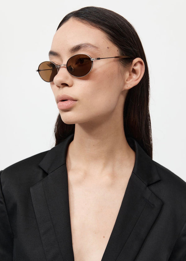 Fine Metal Oval Sunglasses (Chrome/Brown)