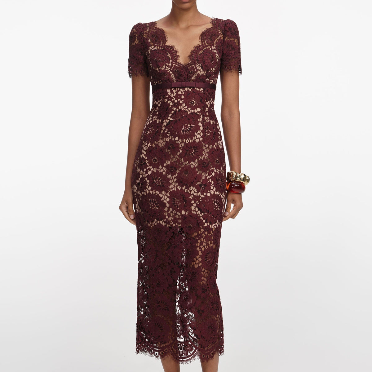 Burgundy Floral Lace Midi Dress (Burgundy)