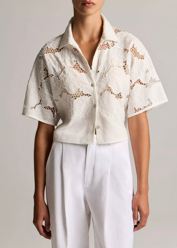 Tencel Lace Shortsleeve Cropped Shirt (Off White)