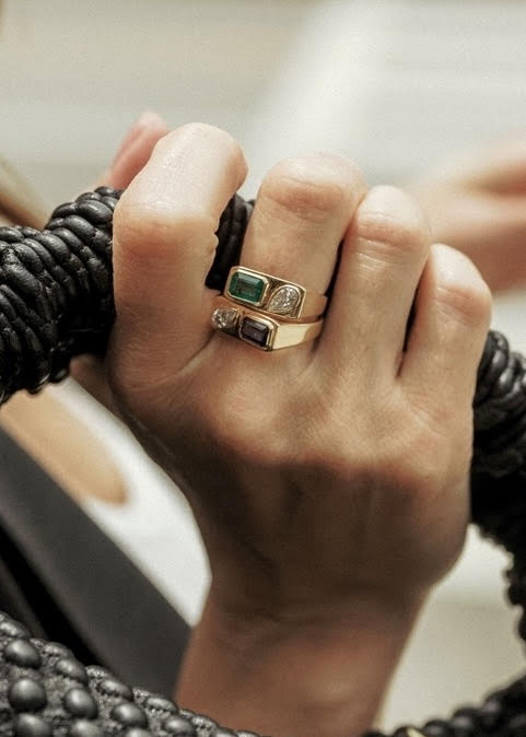 Double Signet Ring (Emerald Cut Saphire and Pear Diamond) - Milk Boutique