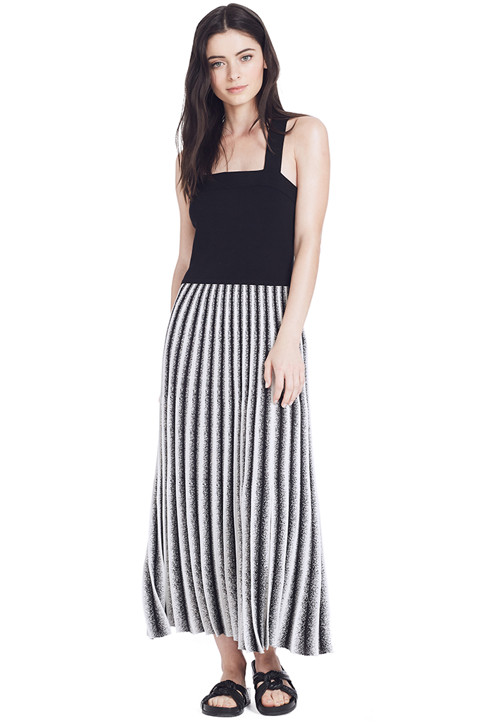 striped pleated knit dress Joyce Stripe Maxi Knit Dress - Khaki/Ivory