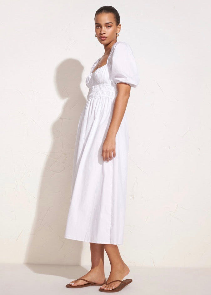 plain white midi dress White Midi Dress: Open Back Fit & Flare Cocktail Outfit