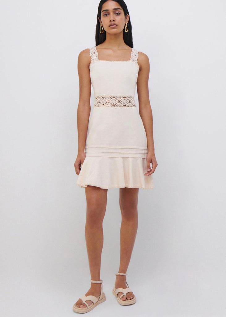 macrame mini dress Simkhai Desiree Periwinkle Macrame Short Sleeve Mini Dress