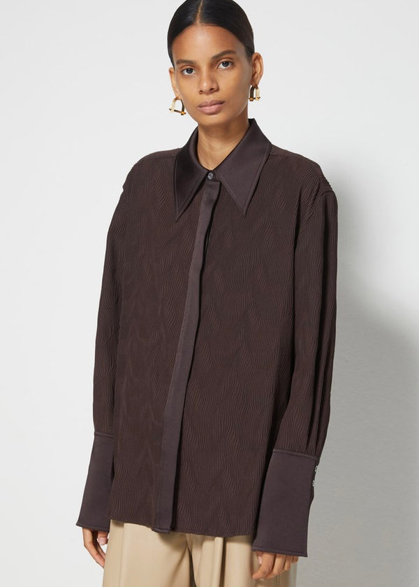 Belleza Crepe Plisse Button Down Shirt (Chocolate)