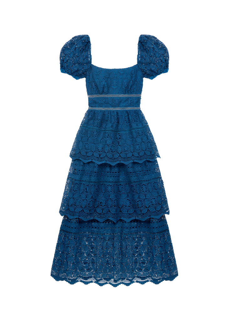 Petrol Lace Guipure Tiered Midi Dress (Petrol Blue) - Milk Boutique Petrol Lace Guipure Tiered Midi Dress (Petrol Blue) - Milk Boutique