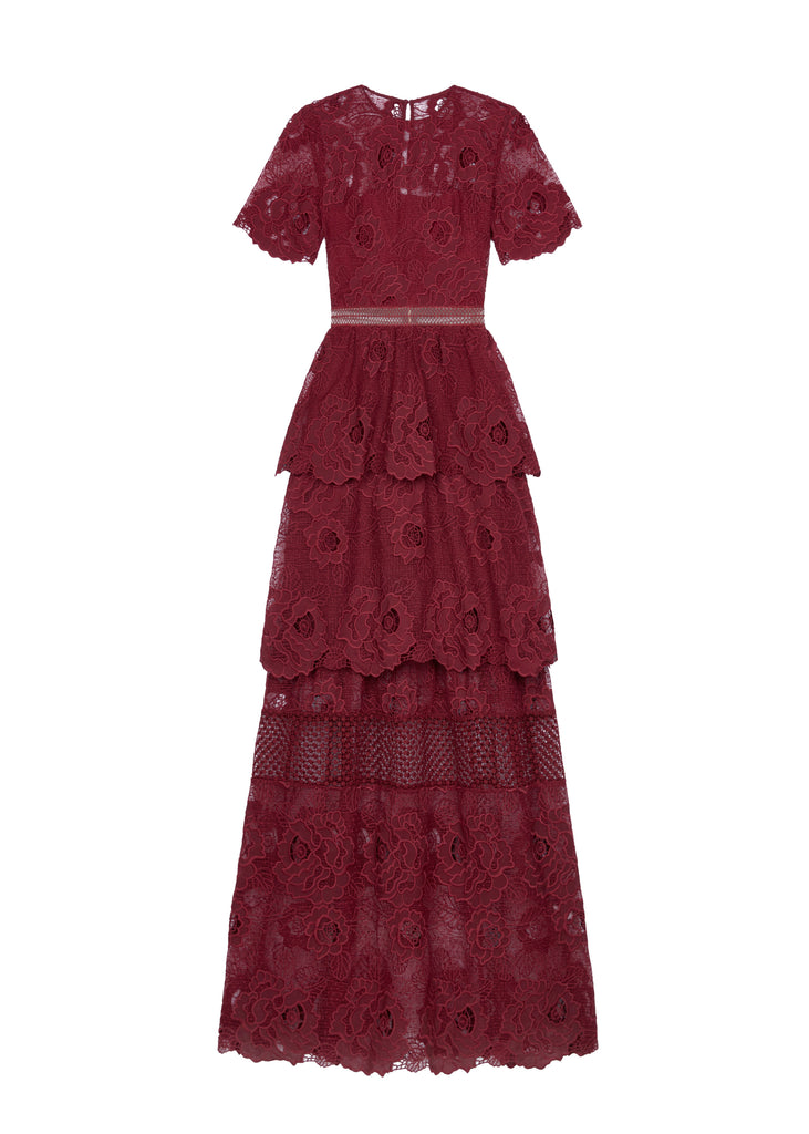Berry Lace Guipure Tiered Maxi Dress (Berry) Berry Lace Guipure Tiered Maxi Dress (Berry)