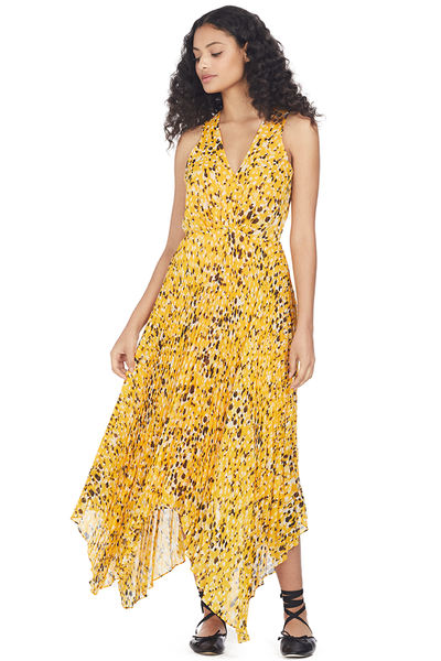Derek Lam 10 Crosby Sleeveless V Neck Dress W/ Pleated Skirt (Marigold Multi)