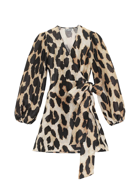 knee length dresses for ladies Silk Linen Wrap Dress (Maxi Leopard)