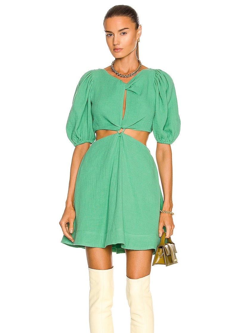 Helen Textured Gauze PUff Sleeve Cutout Mini Dress (Kelly Green)