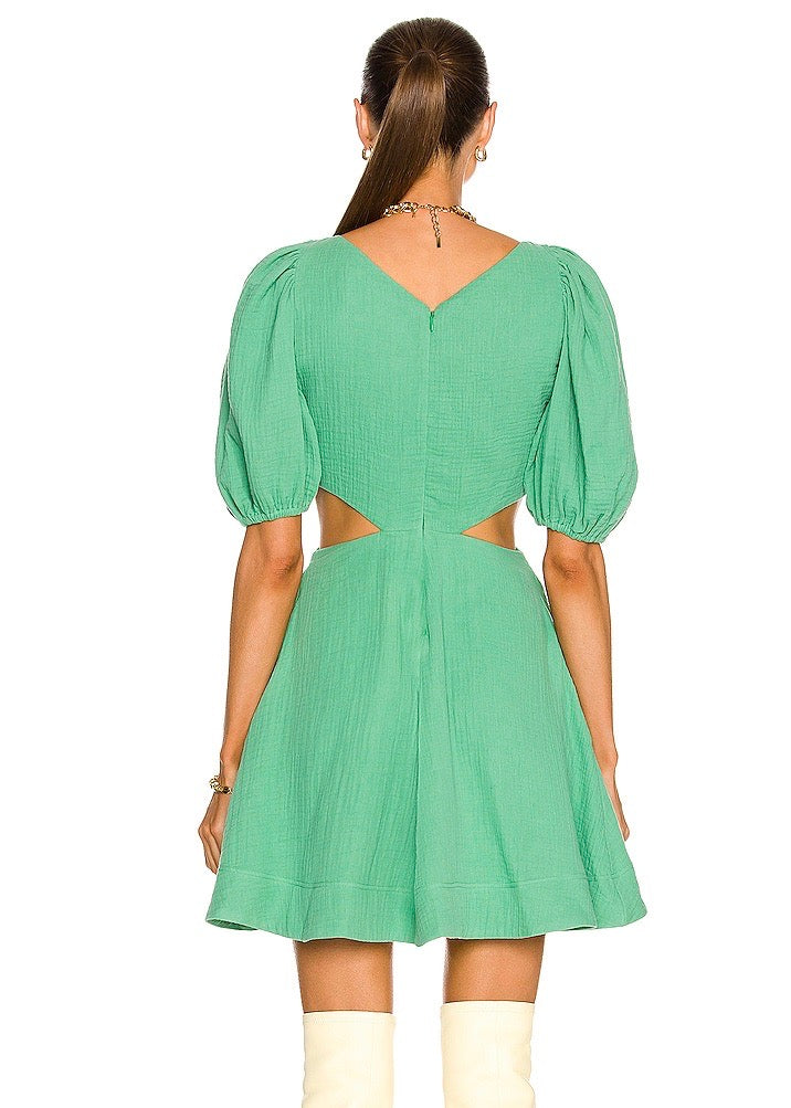 Helen Textured Gauze PUff Sleeve Cutout Mini Dress (Kelly Green) Helen Textured Gauze PUff Sleeve Cutout Mini Dress (Kelly Green)