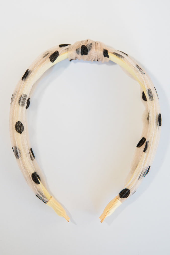 Pleated Polka Dot Organza Headband - Beige