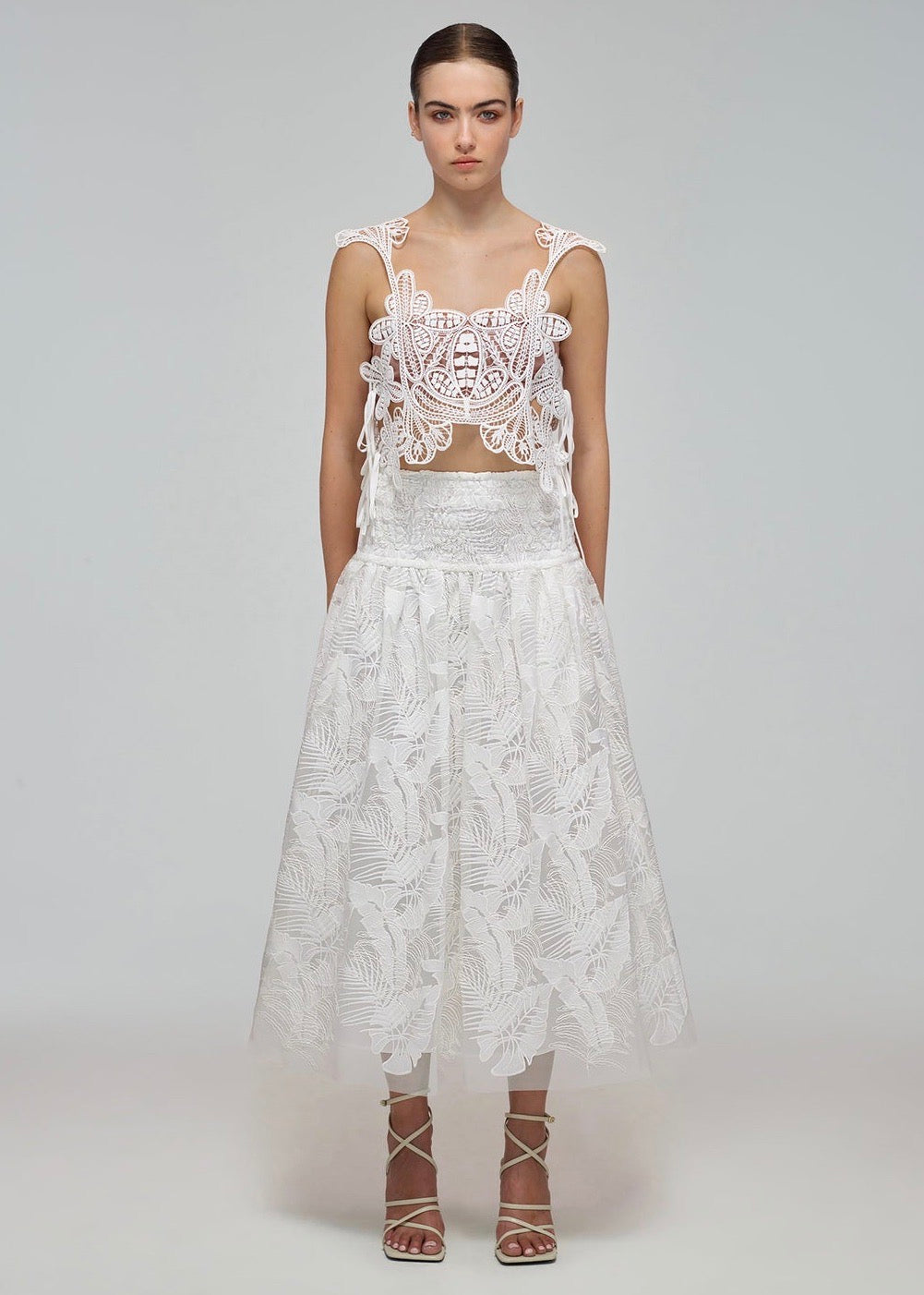 Tropical Leaf Embroidered Midi Skirt (White)