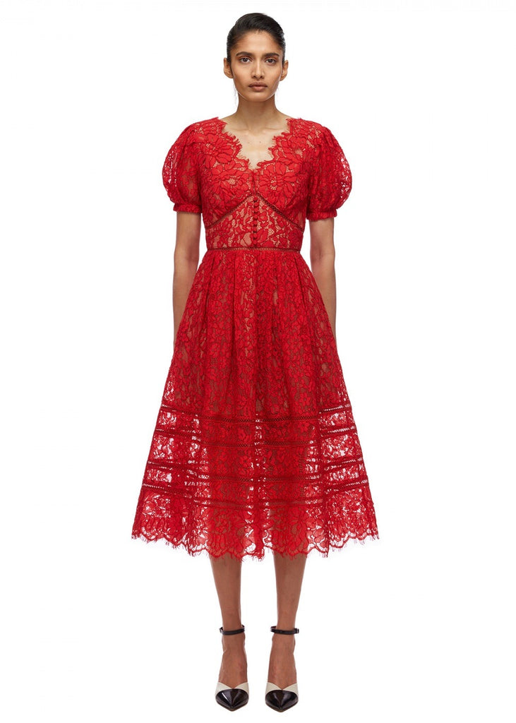 Red Fine Cord Lace Midi Dress (Red) Red Fine Cord Lace Midi Dress (Red)